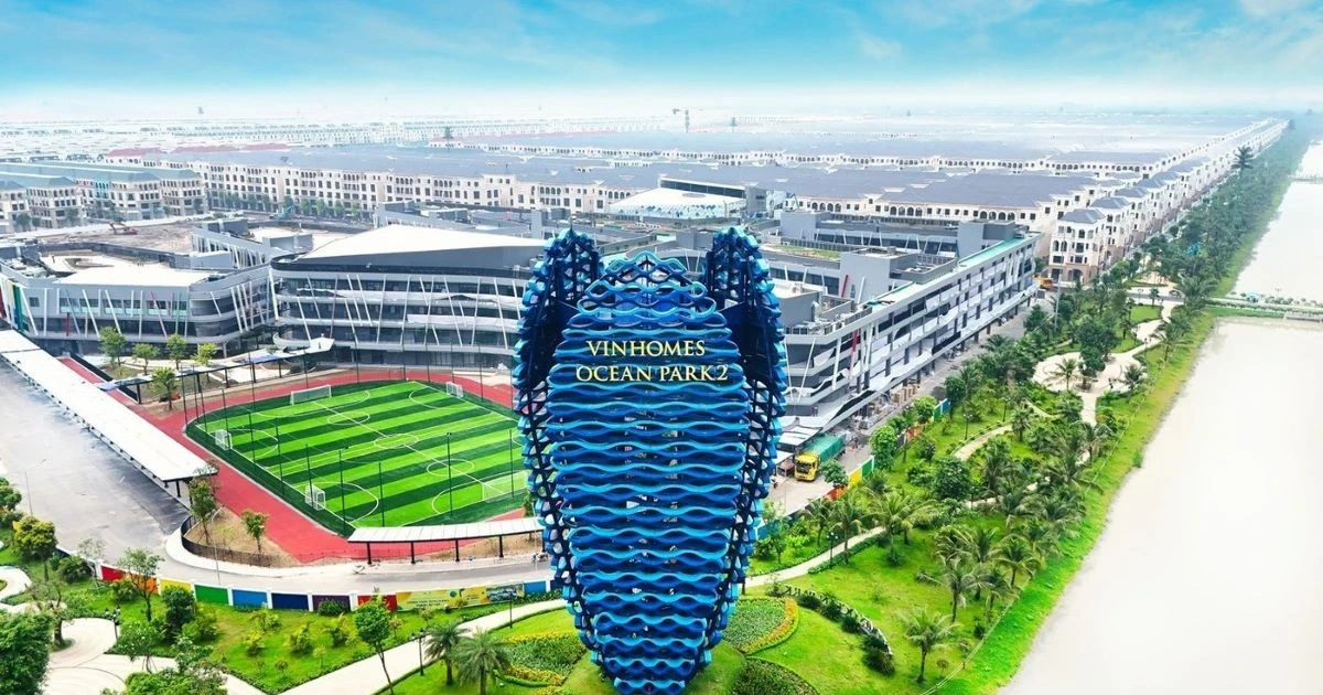 Toàn cảnh Vinhomes Ocean Park 2 với sân vận động, khu thương mại và biểu tượng công viên