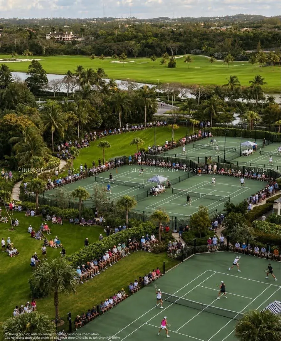 Phối cảnh cụm sân tennis nhiều mặt sân có khán đài đông người xem tại công viên thể thao Vinhomes
