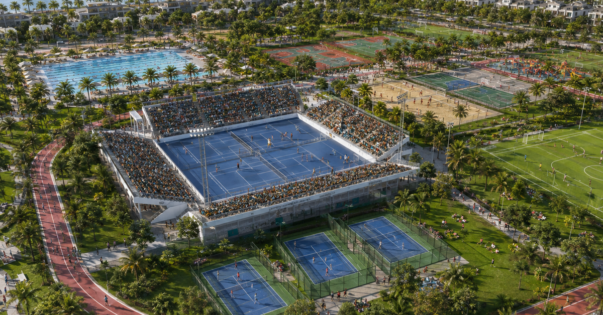 Phối cảnh Global Sportia Park với sân thi đấu có khán đài, bể bơi, đường chạy bộ và các sân thể thao xen giữa cây xanh