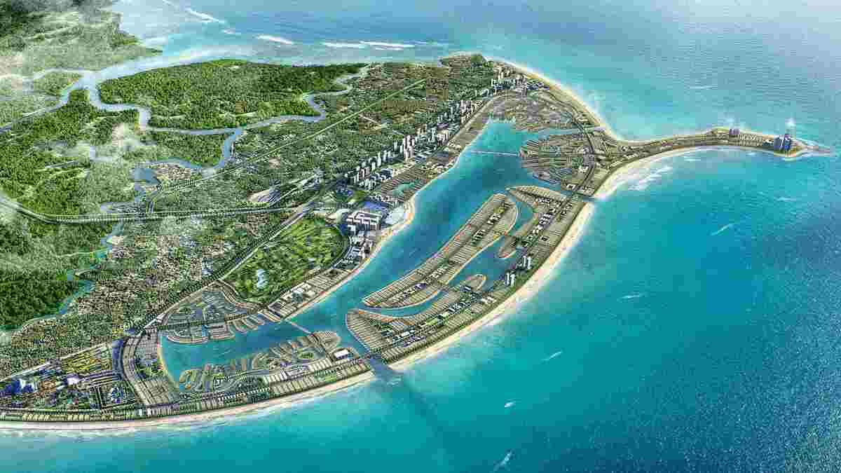 Phối cảnh tổng thể khu đô thị ven biển Vinhomes với hệ thống kênh nước và bãi biển