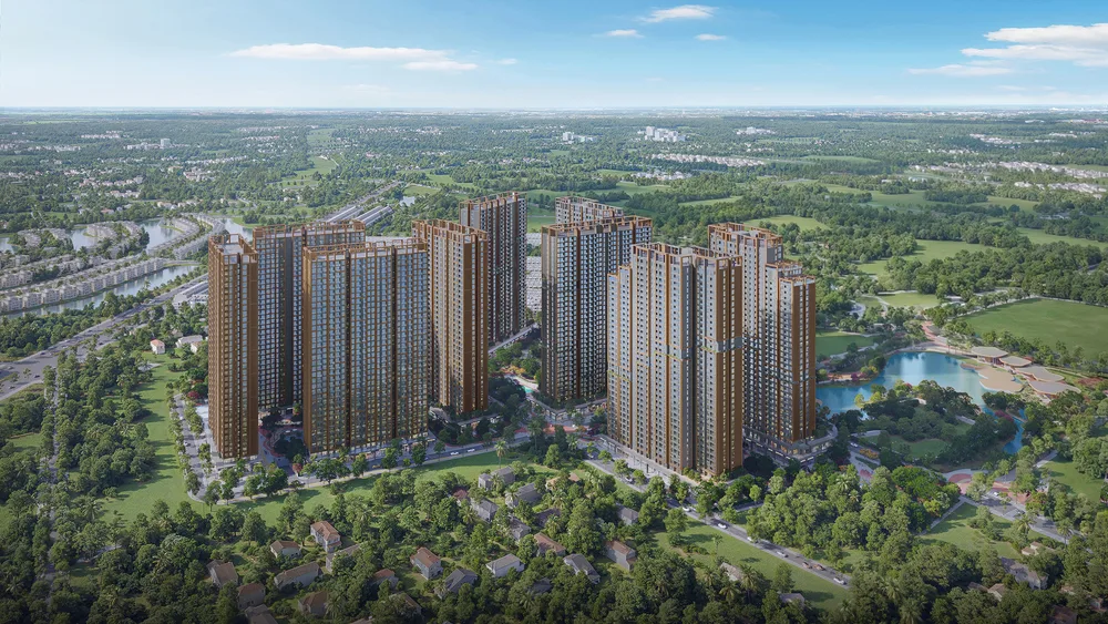 Toàn cảnh các tòa căn hộ cao tầng nhìn từ trên cao tại đại đô thị Ocean City khu vực gần vị trí The CityOn